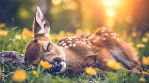  A small deer rests atop a lush green field, adjacent to a yellow wildflower meadow on a sunlit day