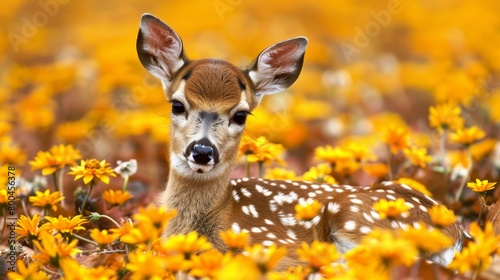  A tight shot of a deer amidst a flower field, yellow blooms preceding in foreground, backdrop softly blurred