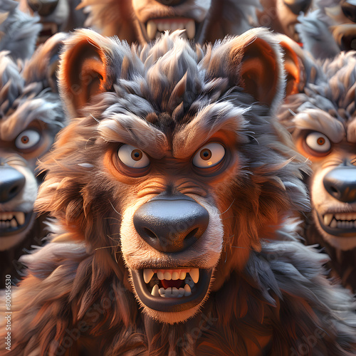 A 3D animated cartoon render of an alert macaque protecting the village from a menacing wolf pack.