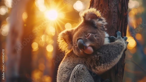  A tight shot of a koala clinging to a tree as sun rays filter through the foliage behind