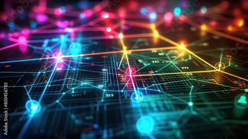 network diagram with nodes and connections in vibrant glowing digital colors