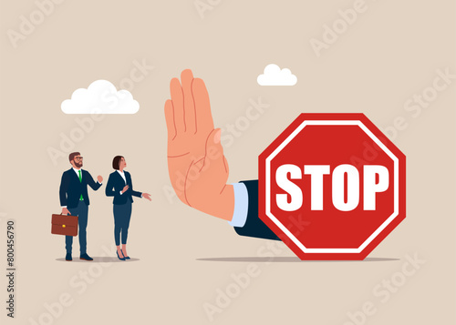 Danger situation. Stop sign and rejection concept. Red sign stop in hands and showing her palm with refusing. Important news. 