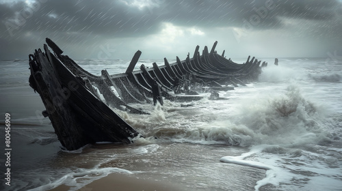 Dramatic scene of a broken shipwreck washed ashore amidst a heavy storm with rain and waves photo