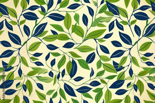 vintage leaves and branches seamless pattern design in blue and green on a light background