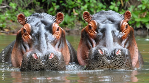   Two hippos submerged in water, gaping maws widely open, surrounded by trees behind photo