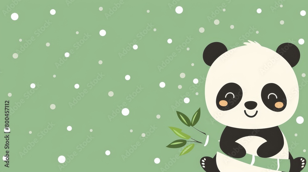 A panda atop a tree branch amidst snowfall, background green A panda atop a tree branch amidst snowfall, background green