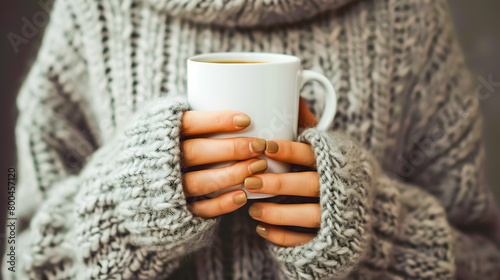 A woman hand's in a grey sweater holding a white coffee mug.