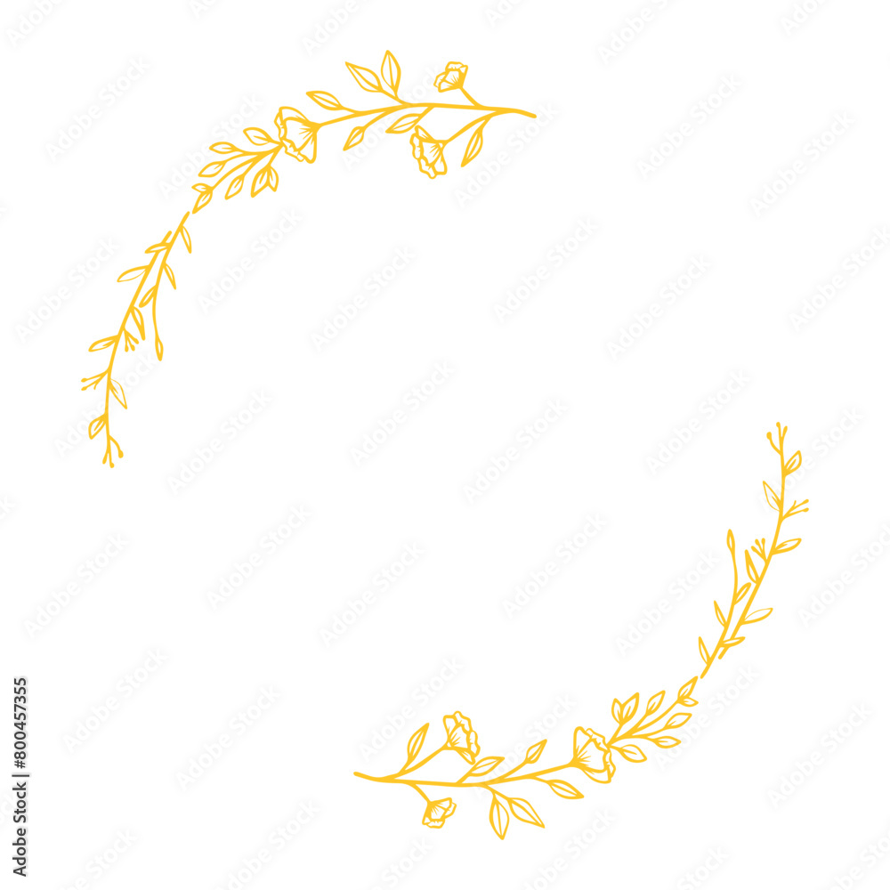 Gold round frame with hand drawn leaves and flower decoration Gold round frame with hand drawn leaves and flower decoration