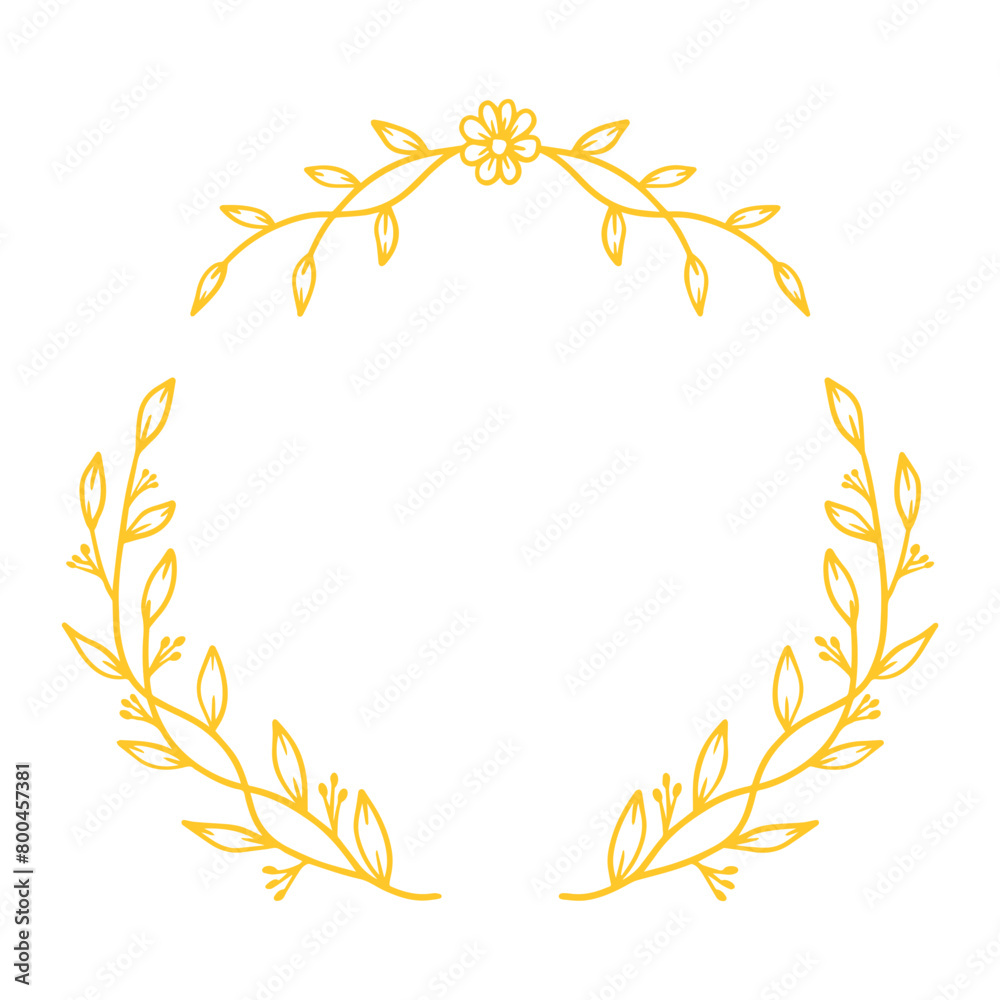 Gold round frame with hand drawn leaves and flower decoration Gold round frame with hand drawn leaves and flower decoration
