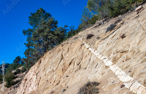Conifers and other drought-resistant plants grow on the clay and stone rocks of the mountain at the pass in the Sierra Nevada Mountains, California, USA photo