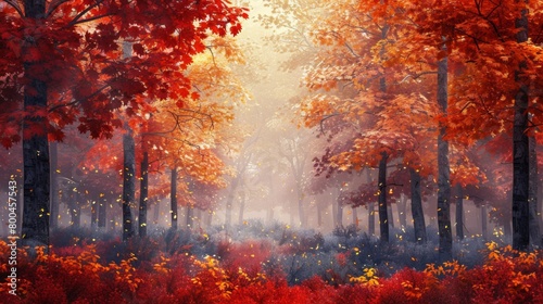 A vibrant autumn forest with leaves of red, orange, and gold.