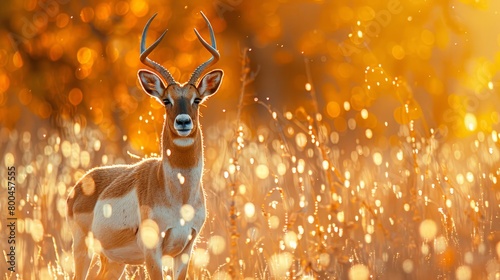  A tight shot of a deer in a lush grass field, adorned with dew-kissed blades Background comprises trees bedecked with morning dew