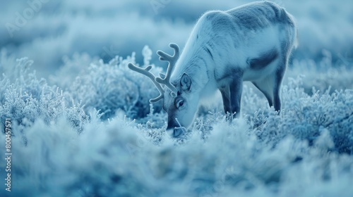   A tight shot of a horse nibbling grass in a frosty field Trees lined with frost-covered branches stand in the background photo