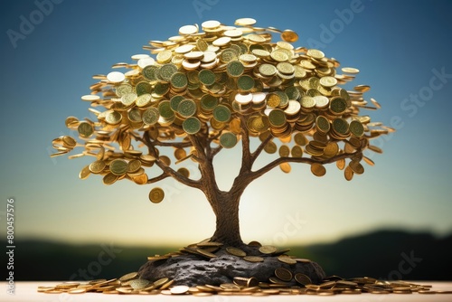 Conceptual image of a tree with coins as leaves under sunlight, symbolizing organic growth in CLIP currency, clear blue sky backdrop, super detailed photo