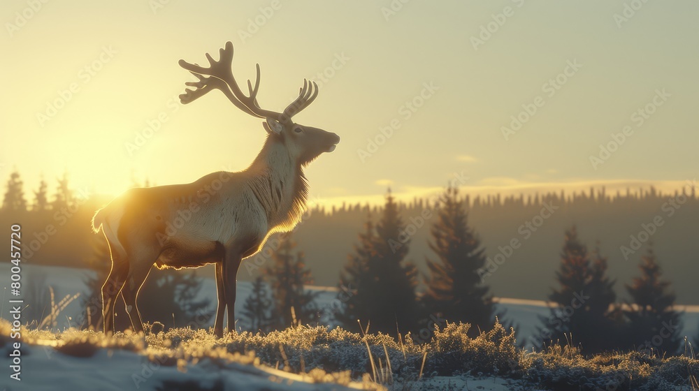 A large elk atop a snow-covered field, adjacent to a pine-tree forest during sunset A large elk atop a snow-covered field, adjacent to a pine-tree forest during sunset