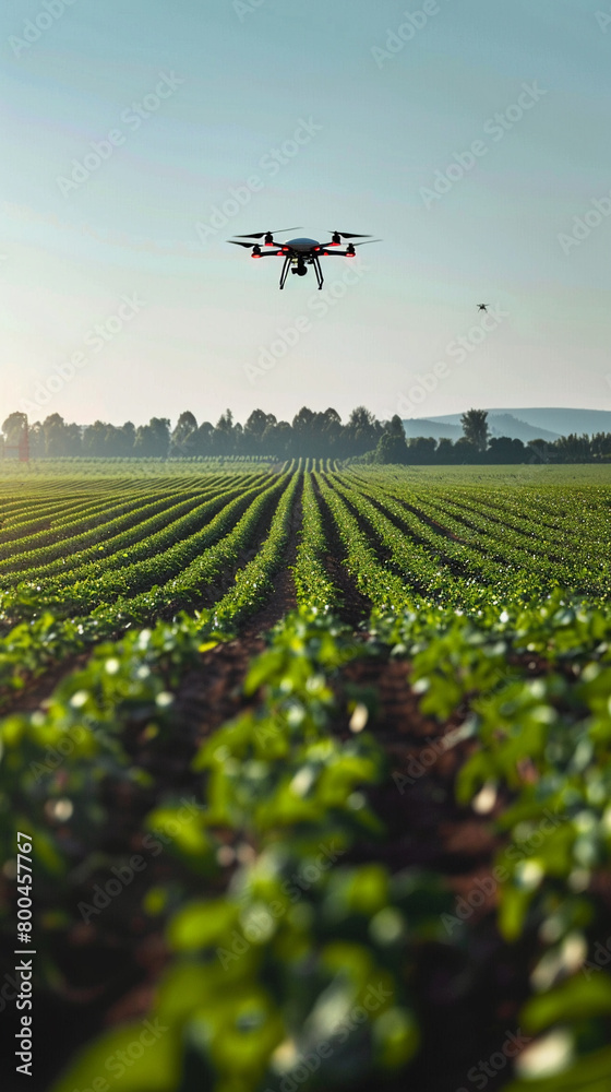 Panoramic view of an advanced agricultural field under a clear sky, drones flying overhead for crop surveillance Panoramic view of an advanced agricultural field under a clear sky, drones flying overhead for crop surveillance