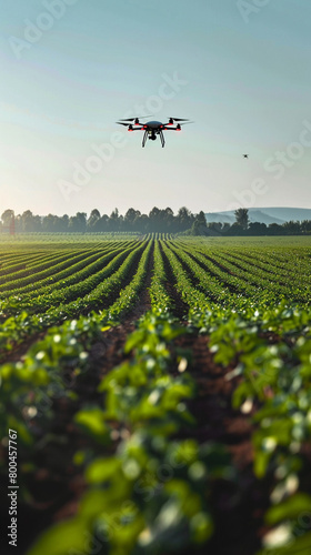 Panoramic view of an advanced agricultural field under a clear sky, drones flying overhead for crop surveillance