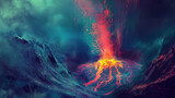 A magnificent underwater volcano explosively erupts with magma and ash, contrasting the cool dark waters surrounding it
