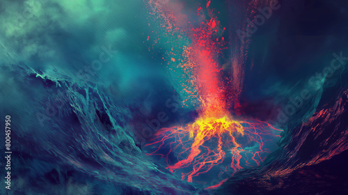 A magnificent underwater volcano explosively erupts with magma and ash, contrasting the cool dark waters surrounding it