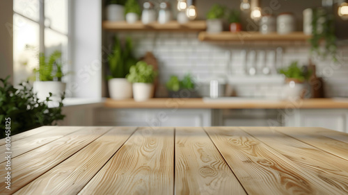 close-up photo of the surface of a rough wooden light table against the background of a sunny kitchen in a country house. ground view mocap for natural food on the table photo