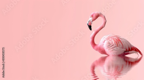   A pink flamingo wades in the water, head submerged in beak, mirrored in reflection photo