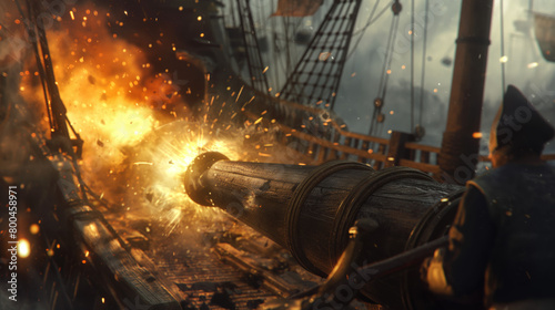 An impactful image of a cannon firing on an old-style naval ship, capturing a moment of sea warfare photo