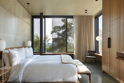 A minimalist boutique hotel with sleek interiors, minimalist furnishings, and large windows that invite natural light, providing a serene and stylish retreat for guests.