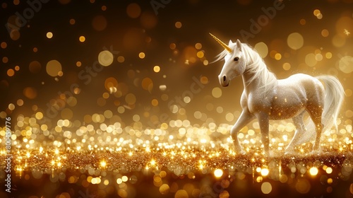   A white unicorn stands atop a lush, golden field, its coat gleaming with sparks in the image background photo