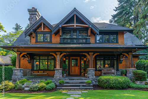 A cozy craftsman house with a warm color palette and a meticulously manicured front yard. © shafiq