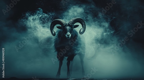   A ram with large horns stands in a foggy area, emitting smoke from its back end photo