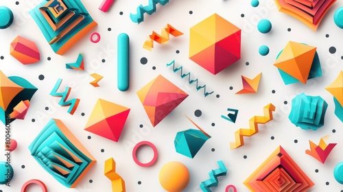 colorful geometric abstract illustration with polygon motion graphic elements in memphis style on a white background