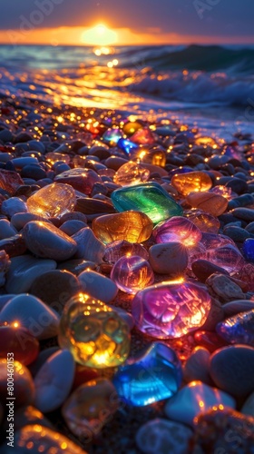 A beach scene with a long line of colorful rocks