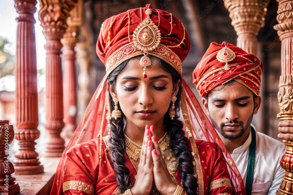 Regal Matrimony: A Radiant Couple's Sacred Union Beneath Ornate Columns Celebrating Ganesh Chaturthi
