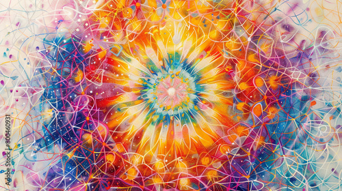 A kaleidoscope of radiant colors intricately woven together on a pristine white canvas.