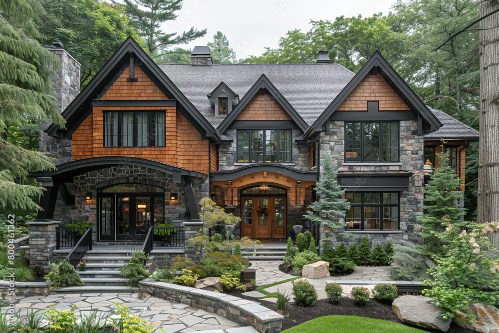 A meticulously designed craftsman house boasting a combination of stone cladding and wood siding.