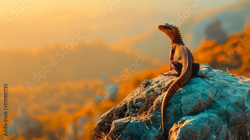   A lizard atop a mountain rock  sunset behind