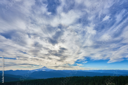 Dramatic sky in the morning over the Cascade Mountains and Mount Hood in Oregon