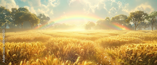 A sun-drenched field of golden wheat, bordered by lush trees and crowned by a magnificent rnbow spanning the entire breadth of the sky. photo
