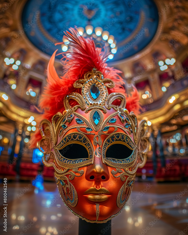 Masquerade mask, intricate Art Deco design, set against a backdrop of a lavish Art Deco theater Photography, Spotlight, Depth of field bokeh effect