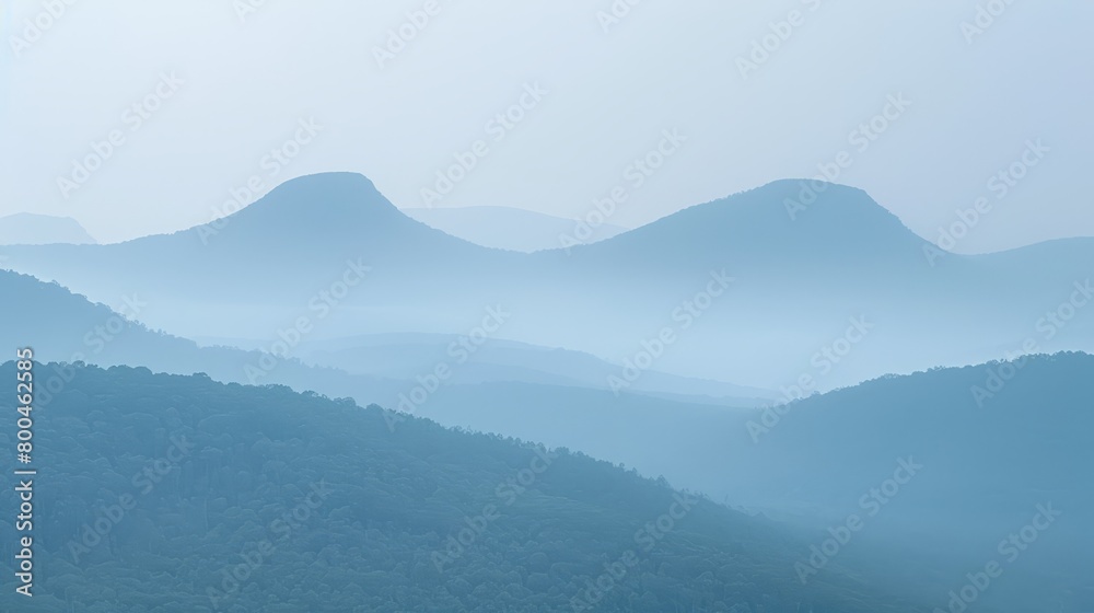   A view of a mountain range shrouded in fog, with distant mountains and trees in the foreground