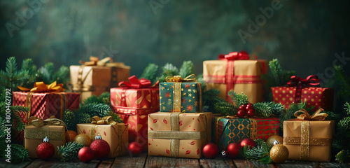 Christmas tree and presents. Stack of wrapped Christmas gifts. Christmas © michalsen