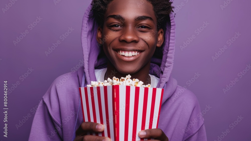 Teenager Smiling with Popcorn Box Teenager Smiling with Popcorn Box
