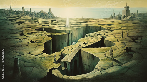 Surreal labyrinth concept with magic maze and ancient pathway. © swillklitch
