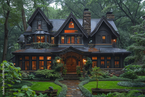 A serene craftsman house nestled amidst lush greenery, featuring a covered entryway and dormer windows. photo