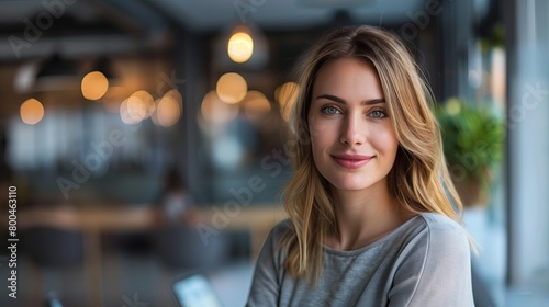 Young woman in office using tablet. Portrait of beautiful adult lady, professional businesswoman