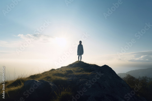                                                                                          Woman  female  female back  standing  cliff  peak  sunset  landscape  mountain  forest