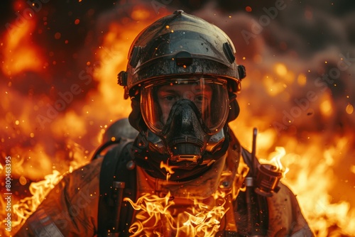 A firefighter is standing in front of a fire, wearing a full protective suit