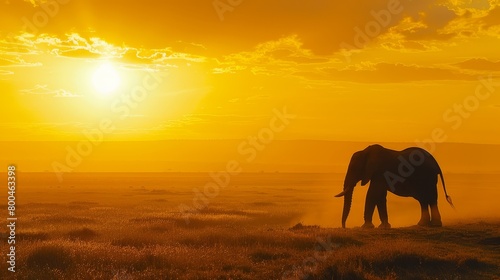 An elephant silhouetted against a sunset backdrop, clouds painted above