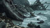 Mysterious and haunting shipwreck scene with waves lapping around the broken hull and foggy backdrop