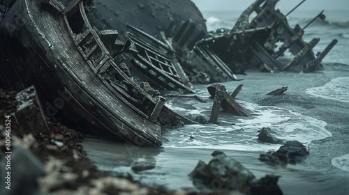 Mysterious and haunting shipwreck scene with waves lapping around the broken hull and foggy backdrop